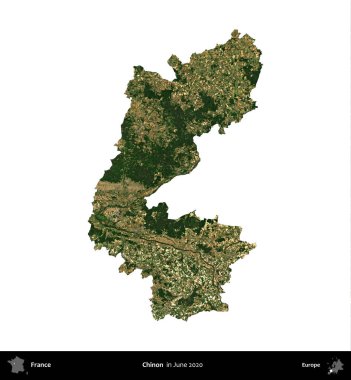 Chinon. Fransa 'nın idari bölgesi, Haziran 2020' de çekilen Kopernik Nöbetçi karolarından oluşan bir uydu görüntüsüyle beyaza izole edildi.