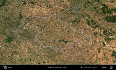 Cholet. Eylül 2019 'da çekilen Copernicus Sentinel karolarından oluşan bir uydu görüntüsünde Fransa' nın idari bölgesinin ana hatlarını çizdim.