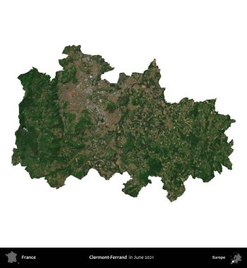 Clermont-Ferrand. Fransa 'nın idari bölgesi, Haziran 2021' de çekilen Kopernik Nöbetçi karolarından oluşan bir uydu görüntüsüyle beyaza izole edildi.