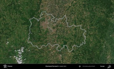 Clermont-Ferrand. Copernicus Sentinel 'in Haziran 2021' de çekilen uydu görüntüsünde Fransa 'nın idari bölgesinin ana hatları belirlendi.
