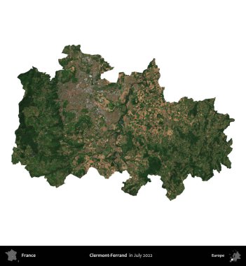 Clermont-Ferrand. Fransa 'nın idari bölgesi, Temmuz 2022' de çekilen Kopernik Nöbetçi karolarından oluşan bir uydu görüntüsüyle beyaza izole edildi.