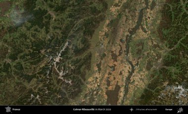 Colmar-Ribeauville 'de. Copernicus Sentinel 'in Mart 2020' de çekilmiş uydu görüntüsü üzerine Fransa 'nın idari bölgesi.