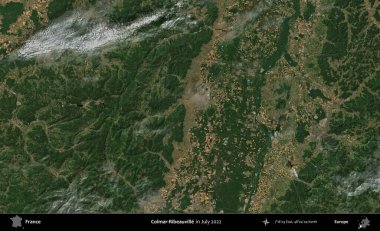 Colmar-Ribeauville 'de. Copernicus Sentinel 'in Temmuz 2022' de çekilmiş uydu görüntüsü üzerine Fransa 'nın idari bölgesi.