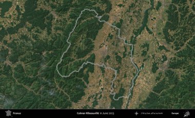 Colmar-Ribeauville 'de. Haziran 2023 'te çekilen Copernicus Sentinel karolarından oluşan bir uydu görüntüsünde Fransa' nın idari bölgesinin ana hatları belirlendi.