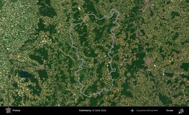 Merhamet et. Haziran 2020 'de çekilen Copernicus Sentinel karolarından oluşan bir uydu görüntüsü üzerine Fransa' nın idari bölgesinin ana hatlarını belirledik.