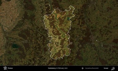 Merhamet et. Fransa 'nın idari alanı, Şubat 2021' de çekilen Kopernik Sentinel karolarından oluşan koyu renkli bir uydu görüntüsü üzerinde vurgulandı ve özetlendi.