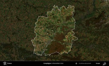 Compiegne. Fransa 'nın idari alanı, Kopernik Sentinel' in Kasım 2020 'de çekilmiş koyu renkli bir uydu görüntüsüyle vurgulandı ve özetlendi.