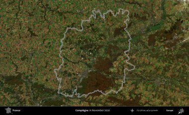 Compiegne. Copernicus Sentinel 'in Kasım 2020' de çekilen uydu görüntüsünde Fransa 'nın idari bölgesinin ana hatları belirlendi.