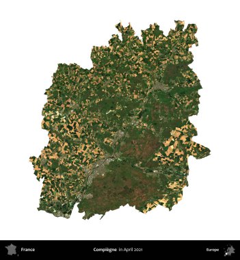 Compiegne. Fransa 'nın idari bölgesi, Nisan 2021' de çekilen Kopernik Nöbetçi karolarından oluşan bir uydu görüntüsü ile beyaza izole edildi.