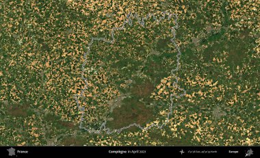 Compiegne. Copernicus Sentinel 'in Nisan 2021' de çekilen uydu görüntüsünde Fransa 'nın idari bölgesinin ana hatları belirlendi.