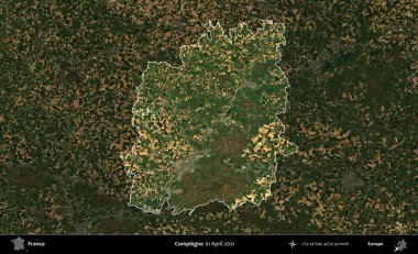 Compiegne. Fransa 'nın idari alanı, Nisan 2021' de çekilen Kopernik Sentinel karolarından oluşan koyu renkli bir uydu görüntüsü üzerinde vurgulandı ve özetlendi.