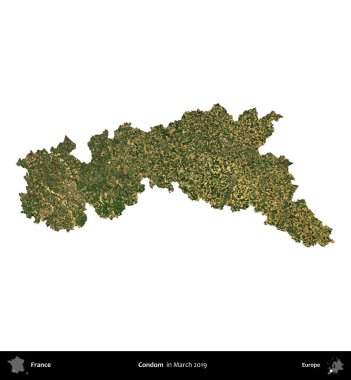 Prezervatif. Fransa 'nın idari bölgesi, Mart 2019' da çekilen Kopernik Nöbetçi karolarından oluşan bir uydu görüntüsüyle beyaza izole edildi.