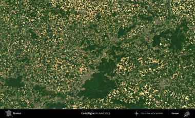 Compiegne. Copernicus Sentinel 'in Haziran 2023' te çekilmiş uydu görüntüsü üzerine Fransa 'nın idari bölgesi.