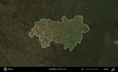 Confolens. Fransa 'nın idari alanı, Mart 2021' de çekilen Kopernik Sentinel karolarından oluşan koyu renkli bir uydu görüntüsü üzerinde vurgulandı ve özetlendi.
