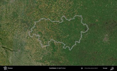 Confolens. Nisan 2024 'te çekilen Copernicus Sentinel karolarından oluşan bir uydu görüntüsünde Fransa' nın idari bölgesinin ana hatlarını çizdim.