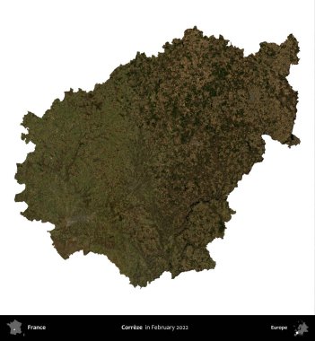 Correze. Fransa 'nın idari bölgesi, Şubat 2022' de çekilen Kopernik Nöbetçi karolarından oluşan bir uydu görüntüsüyle beyaza izole edildi.