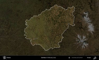 Correze. Fransa 'nın idari alanı, Şubat 2022' de çekilen Kopernik Sentinel karolarından oluşan koyu renkli bir uydu görüntüsü üzerinde vurgulandı ve özetlendi.