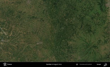 Correze. Copernicus Sentinel 'in Ağustos 2024' te çekilmiş uydu görüntüsü üzerine Fransa 'nın idari bölgesi.