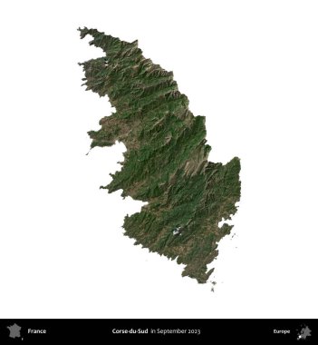 Corse-du-Sud. Fransa 'nın idari bölgesi, Eylül 2023' te çekilen Kopernik Nöbetçi karolarından oluşan bir uydu görüntüsü üzerinde beyaza izole edildi.