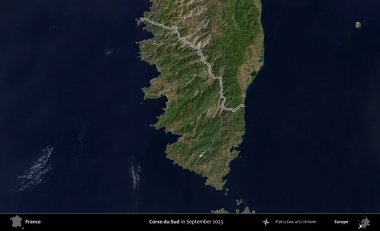 Corse-du-Sud. Eylül 2023 'te çekilen Copernicus Sentinel karolarından oluşan bir uydu görüntüsünde Fransa' nın idari bölgesinin ana hatlarını çizdim.