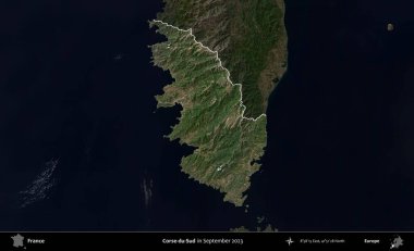 Corse-du-Sud. Fransa 'nın idari alanı, Eylül 2023' te çekilen Kopernik Nöbetçi karolarından oluşan koyu renkli bir uydu görüntüsü üzerinde vurgulandı ve özetlendi.