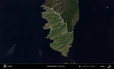 Corse-du-Sud. Fransa 'nın idari alanı, Temmuz 2024' te çekilen Kopernik Nöbetçi karolarından oluşan koyu renkli bir uydu görüntüsüyle vurgulandı ve özetlendi.