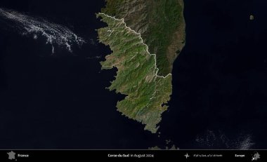 Corse-du-Sud. Fransa 'nın idari alanı, Ağustos 2024' te çekilen Kopernik Sentinel karolarından oluşan koyu renkli bir uydu görüntüsü üzerinde vurgulandı ve özetlendi.
