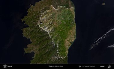 Doğru. Fransa 'nın idari alanı, Ağustos 2021' de çekilen Kopernik Sentinel karolarından oluşan koyu renkli bir uydu görüntüsü üzerinde vurgulandı ve özetlendi.