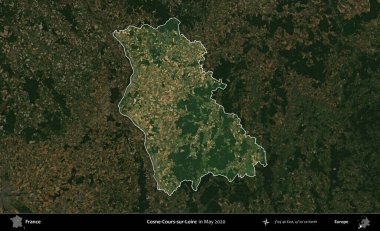 Cosne-Cours-sur-Loire. Fransa 'nın idari alanı, Mayıs 2020' de çekilen Kopernik Nöbetçi karolarından oluşan koyu renkli bir uydu görüntüsü üzerinde vurgulandı ve özetlendi.