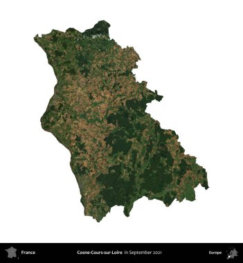 Cosne-Cours-sur-Loire. Fransa 'nın idari bölgesi, Eylül 2021' de çekilen Kopernik Nöbetçi karolarından oluşan bir uydu görüntüsü üzerinde beyaza izole edildi.