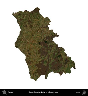 Cosne-Cours-sur-Loire. Fransa 'nın idari bölgesi, Şubat 2022' de çekilen Kopernik Nöbetçi karolarından oluşan bir uydu görüntüsüyle beyaza izole edildi.