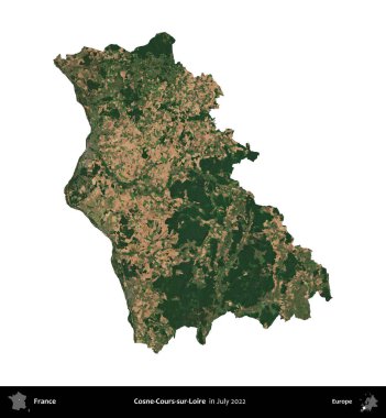 Cosne-Cours-sur-Loire. Fransa 'nın idari bölgesi, Temmuz 2022' de çekilen Kopernik Nöbetçi karolarından oluşan bir uydu görüntüsüyle beyaza izole edildi.
