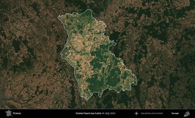 Cosne-Cours-sur-Loire. Fransa 'nın idari alanı, Temmuz 2022' de çekilen Kopernik Nöbetçi karolarından oluşan koyu renkli bir uydu görüntüsüyle vurgulandı ve özetlendi.