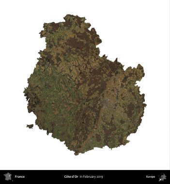 Cote-d'Or. Fransa 'nın idari bölgesi, Şubat 2019' da çekilen Kopernik Nöbetçi karolarından oluşan uydu görüntüsüyle beyaza izole edildi.