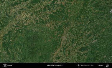 Cote-d'Or. Mayıs 2020 'de Copernicus Sentinel karolarından oluşan bir uydu görüntüsü üzerine Fransa' nın idari bölgesi