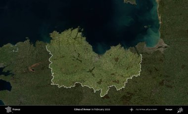 Cotes-d'Armor. Fransa 'nın idari alanı, Şubat 2020' de çekilen Kopernik Nöbetçi karolarından oluşan koyu renkli bir uydu görüntüsü üzerinde vurgulandı ve özetlendi.