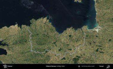 Cotes-d'Armor. Mayıs 2020 'de çekilen Copernicus Sentinel karolarından oluşan bir uydu görüntüsünde Fransa' nın idari bölgesinin ana hatları belirlendi.