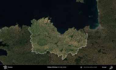 Cotes-d'Armor. Fransa 'nın idari alanı, Temmuz 2020' de çekilen Kopernik Nöbetçi karolarından oluşan koyu renkli bir uydu görüntüsüyle vurgulandı ve özetlendi.