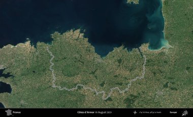 Cotes-d'Armor. Copernicus Sentinel 'in Ağustos 2021' de çekilen uydu görüntüsünde Fransa 'nın idari bölgesinin ana hatları belirlendi.