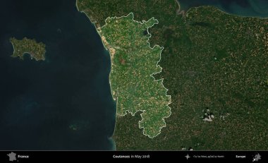 Coutances. Fransa 'nın idari alanı, Mayıs 2018' de çekilen Kopernik Nöbetçi karolarından oluşan koyu renkli bir uydu görüntüsü üzerinde vurgulandı ve özetlendi.