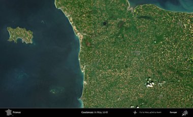 Coutances. Copernicus Sentinel 'in Mayıs 2018' de çekilmiş uydu görüntüsü üzerine Fransa 'nın idari bölgesi.