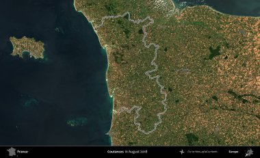 Coutances. Copernicus Sentinel 'in Ağustos 2018' de çekilen uydu görüntüsünde Fransa 'nın idari bölgesinin ana hatları belirlendi.