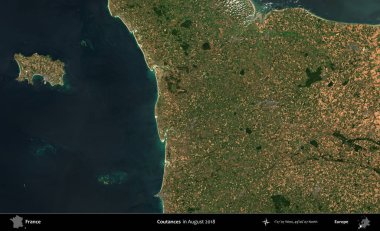 Coutances. Copernicus Sentinel 'in Ağustos 2018' de çekilmiş uydu görüntüsü üzerine Fransa 'nın idari bölgesi.