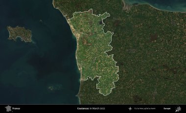 Coutances. Fransa 'nın idari alanı, Mart 2022' de çekilen Kopernik Sentinel karolarından oluşan koyu renkli bir uydu görüntüsü üzerinde vurgulandı ve özetlendi.