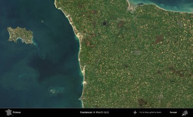 Coutances. Copernicus Sentinel 'in Mart 2022' de çekilmiş uydu görüntüsü üzerine Fransa 'nın idari bölgesi.