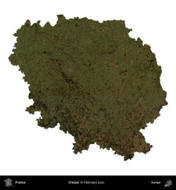 Creuse. Fransa 'nın idari bölgesi, Şubat 2022' de çekilen Kopernik Nöbetçi karolarından oluşan bir uydu görüntüsüyle beyaza izole edildi.