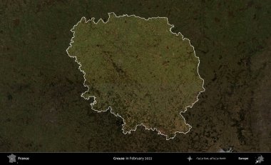 Creuse. Fransa 'nın idari alanı, Şubat 2022' de çekilen Kopernik Sentinel karolarından oluşan koyu renkli bir uydu görüntüsü üzerinde vurgulandı ve özetlendi.