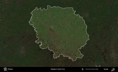 Creuse. Fransa 'nın idari alanı, Nisan 2023' te çekilen Kopernik Nöbetçi karolarından oluşan koyu renkli bir uydu görüntüsü üzerinde vurgulandı ve özetlendi.