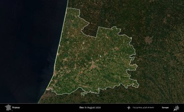 Dax. Fransa 'nın idari alanı, Ağustos 2020' de çekilen Kopernik Nöbetçi karolarından oluşan koyu renkli bir uydu görüntüsüyle vurgulandı ve özetlendi.