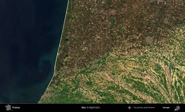 Dax. Copernicus Sentinel 'in Nisan 2021' de çekilmiş uydu görüntüsü üzerine Fransa 'nın idari bölgesi.